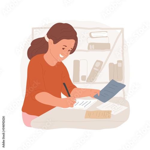 Creative writing club isolated cartoon vector illustration. Young writer, school club, creative workshop, teenager writing essay, many sheets on the table, study literature vector cartoon.