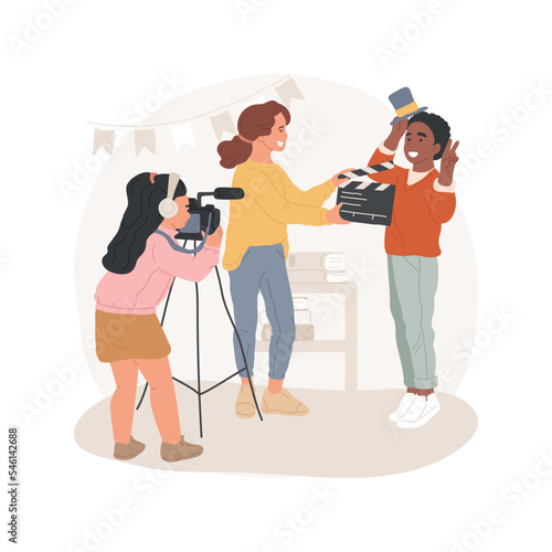 Filmmaking club isolated cartoon vector illustration. Children look in a camera, clapperboard, become film director, middle school elective activity, filmmaking student club vector cartoon.