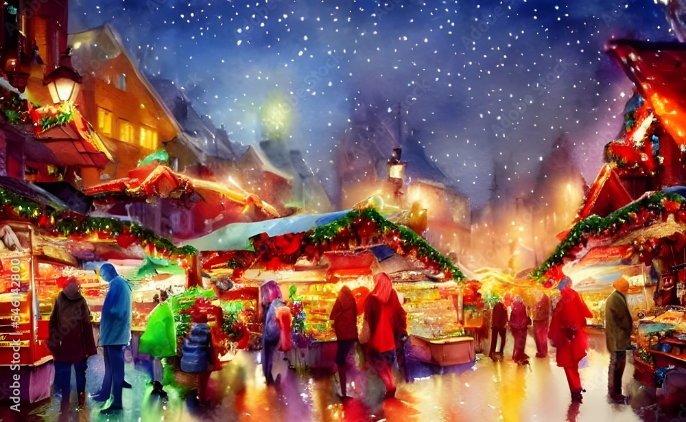 Obraz premium The Christmas market is bustling with people. The air is filled with the smell of roasted chestnuts and gingerbread. fairy lights twinkle in the trees and stalls selling all manner of festive treats l