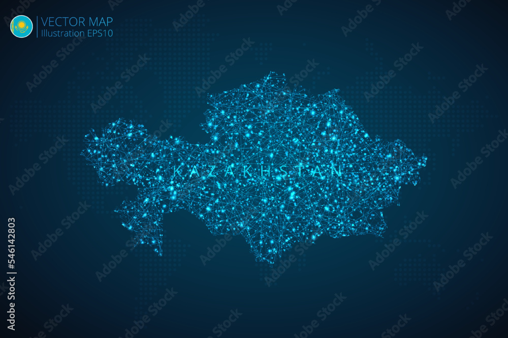 Map of Kazakhstan modern design with abstract digital technology mesh polygonal shapes on dark blue background. Vector Illustration Eps 10.