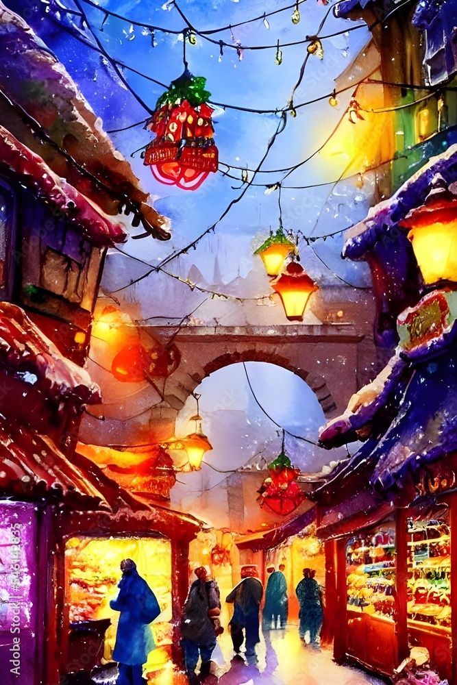 Obraz premium The Christmas market is in full swing, with people milling around the stalls and enjoying the festive atmosphere. The air is alive with the sound of carols and laughter, and the smell of mulled wine a