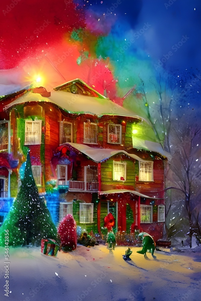 The house is adorned with lights and garland. A wreath hangs on the door, and a Christmas tree stands in the front window. The house is adorned with lights and garland. A wreath hangs on the door, and a Christmas tree stands in the front window.