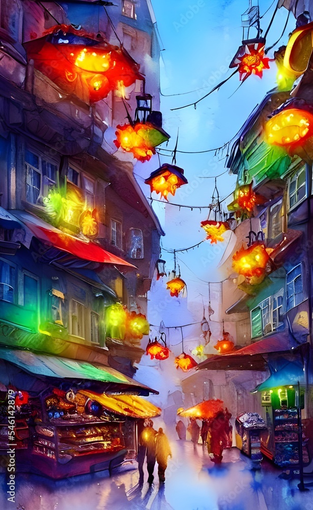 Obraz premium The Christmas market is bustling with people, the air thick with excitement and anticipation. Strings of lights criss-cross overhead, casting a warm glow over the scene. Stalls selling everything from