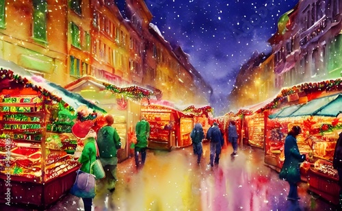The Christmas market is open for the evening, and people are milling around happily, looking at all the stalls. The air is full of the scent of mulled wine and gingerbread, and there's a feeling of ha