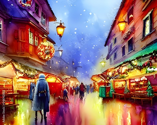 The Christmas market is bustling with activity as people move around, looking at the different stalls and buying gifts. The air is filled with the smell of cinnamon and mulled wine, and the atmosphere © dreamyart