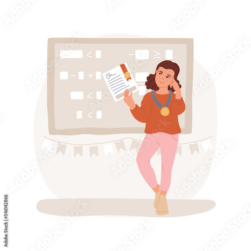 Math olympiad isolated cartoon vector illustration. Student holding a medal, child solving math problem, middle school competition, mathematics student club, olympiad winner vector cartoon.