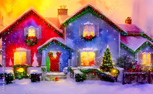 The house is covered in Christmas decorations. There are lights strung up around the windows and a wreath on the door. The snow is sparkling in the light from the candles in the window. © dreamyart