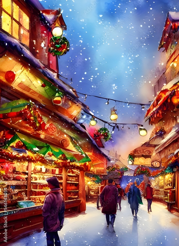 It's a beautiful Christmas market evening. The air is crisp and the snow is twinkling in the light of the street lamps. There are people milling about, enjoying hot drinks and browsing stalls selling It's a beautiful Christmas market evening. The air is crisp and the snow is twinkling in the light of the street lamps. There are people milling about, enjoying hot drinks and browsing stalls selling