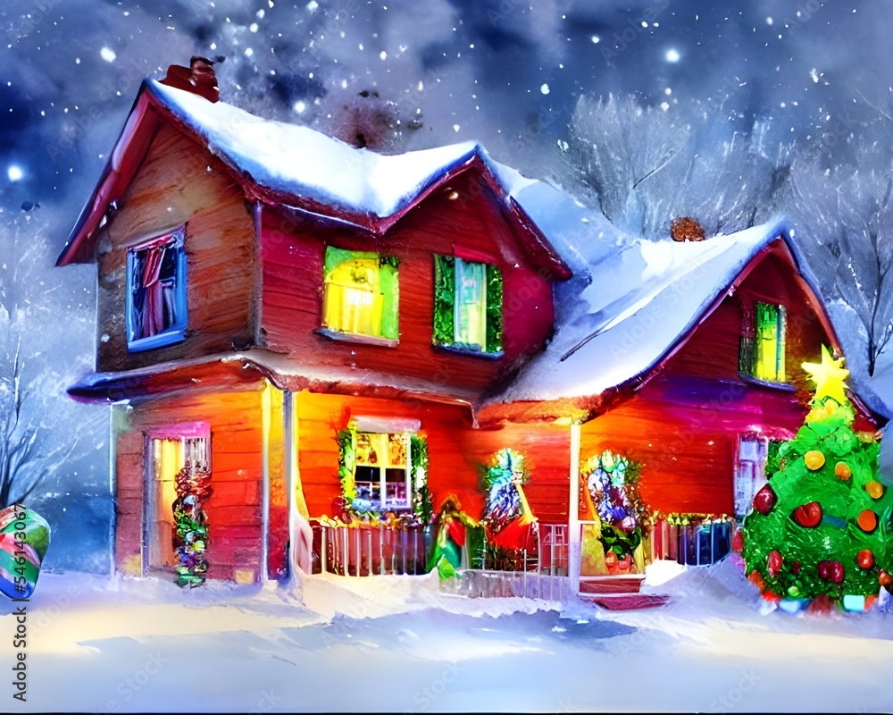 It's a cold December night and the snow is falling gently outside. The windows of the house are illuminated with colorful Christmas lights, and a wreath hangs on the door. A small fir tree stands in o It's a cold December night and the snow is falling gently outside. The windows of the house are illuminated with colorful Christmas lights, and a wreath hangs on the door. A small fir tree stands in o