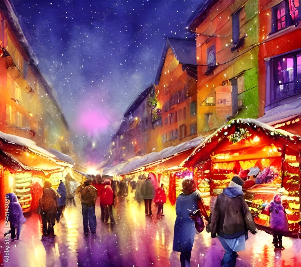 The Christmas market is full of people and the air is thick with the smell of mulled wine. The stalls are full of festive treats, from handmade crafts to hot food. Children run around excitedly, while