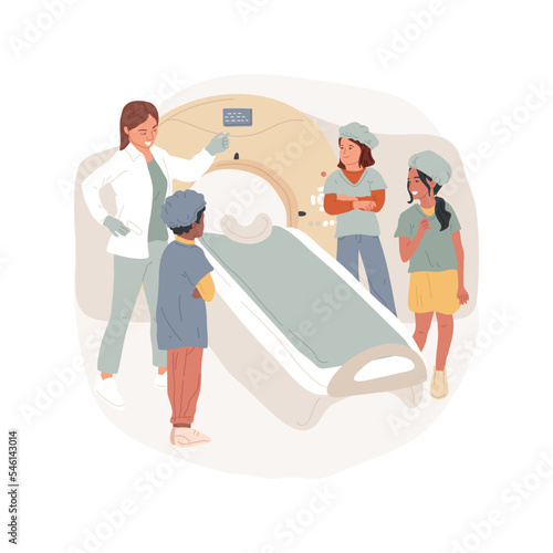 Hospital field trip isolated cartoon vector illustration. Build career awareness, hospital school tour, children stand near ct scan, learn ambulance equipment, work importance vector cartoon.