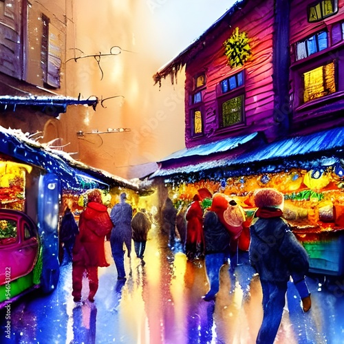 The air is chilly and the sky is dark, but the Christmas market squares are bright with lights and full of people. Stalls selling food, drink, and trinkets line the edges of the square while in the ce