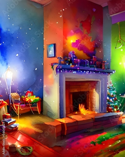 A warm and inviting fireplace with hints of Christmas all around. A beautiful garland is draped across the mantle, while two stockings hang by the fire waiting to be filled. Nearby, a small tree spark