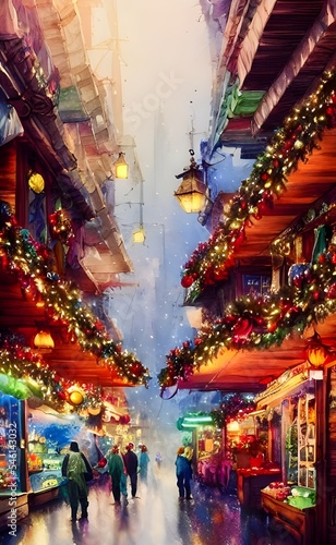 In the center of the town, a large Christmas tree is decorated with colorful lights and tinsel. enthusiastically talking and laughing. Around the tree, there are many wooden kiosks selling handmade gi © dreamyart