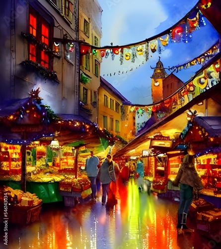 The Christmas market is bustling with people and the air is filled with the smell of gingerbread. The stallholders are doing a brisk trade in hot food and mulled wine, and there's a real festive feeli © dreamyart