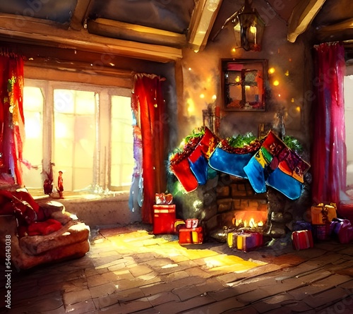 The mantel is adorned with evergreen garlands, red ribbons, and flickering candles. A plump Santa Claus figure sits in the center of it all, surrounded by presents wrapped in shiny paper. The fire cra © dreamyart
