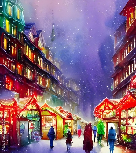 The Christmas market is all lit up with string lights and colorful glass bulbs. The booths are selling everything from gingerbread men to handmade sweaters. There's a big crowd of people milling about © dreamyart