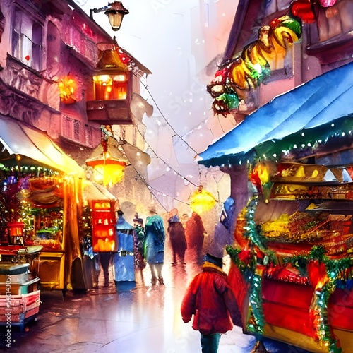 The Christmas market is teeming with people, all of them eager to do some last-minute shopping or simply enjoy the festive atmosphere. The stalls are adorned with garlands and lights, and the air is t