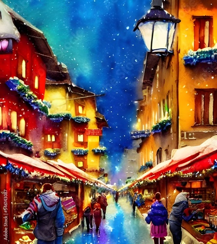 The Christmas market is open for the evening, and people are milling about, buying trinkets and holiday gifts. The air smells of wood smoke and cinnamon. There's a light dusting of snow on the ground, © dreamyart