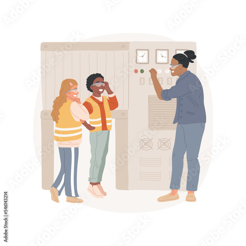 Workplace tour isolated cartoon vector illustration. Career exploration, school student, workplace learning experience, children visit plant, worker explains machine, field trip vector cartoon.