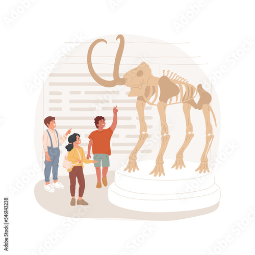 Natural history museum trip isolated cartoon vector illustration. Students look at big skeleton, natural history, wild animal collection, museum class field trip, learn fossils vector cartoon.