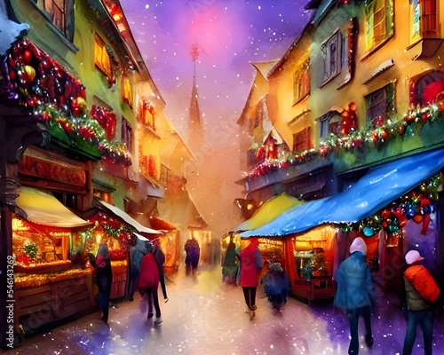 It's a cold but magical evening at the Christmas market. The air is full of the smell of pine trees and roasted chestnuts, and there's a warm glow emanating from all the twinkling lights. There are st © dreamyart