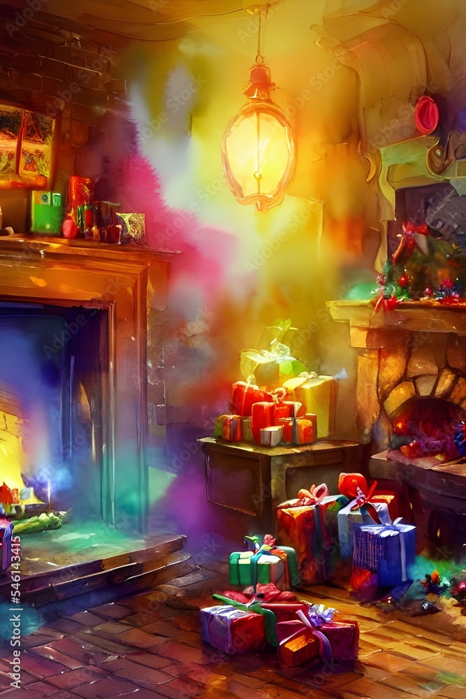 The fireplace is adorned with Christmas decorations, including stockings hung by the chimney and a wreath on the mantel. The flames in the fireplace dance and flicker, providing warmth and light.