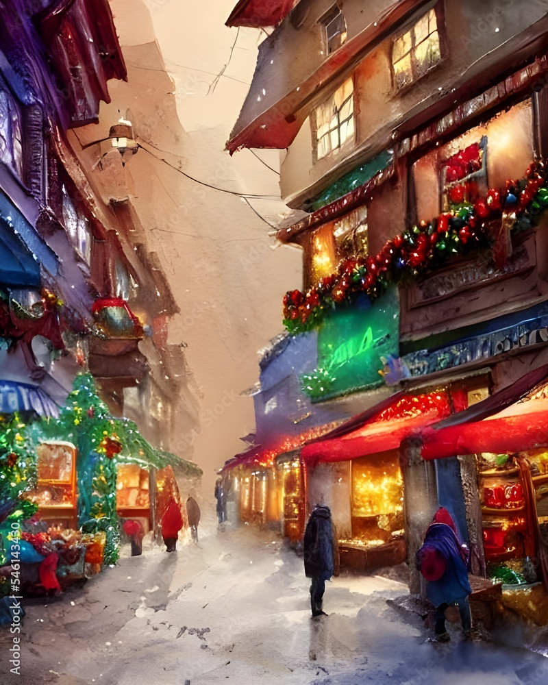 Fototapeta premium The evening air is crisp as I stroll through the market stalls, taking in the sights and sounds of Christmas. bright lights illuminate handmade gifts and tasty treats, whilst cheerful music fills the 