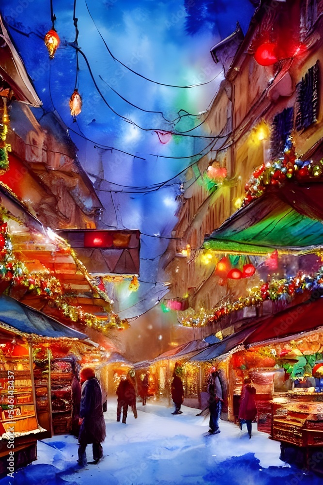 Naklejka premium The twinkling lights of the Christmas market give the appearance of a fairy tale. The cozy wooden booths selling homemade gifts, food, and drinks make people feel welcome. The happy atmosphere is cont