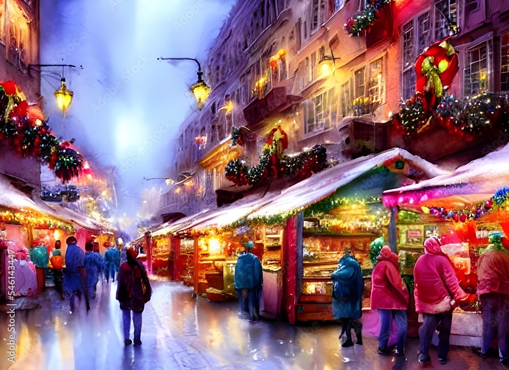 It's a cold, clear night and the Christmas market is in full swing. The stalls are decked out with festive decorations and twinkling lights, selling everything from hot mulled wine to handmade gifts. 