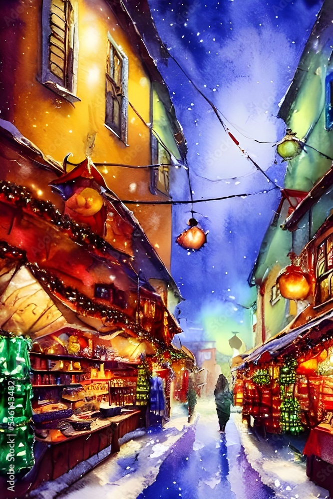 Obraz premium The Christmas market is in full swing, with people milling around and enjoying the festive atmosphere. The stalls are all decked out with lights and decorations, selling everything from traditional sn