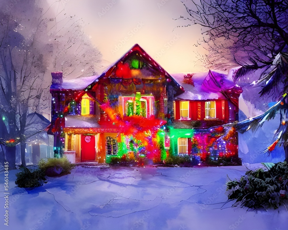 The house is decorated with Christmas lights and a wreath on the door. There is a lighted Santa Claus in the yard and presents under the tree. The house is decorated with Christmas lights and a wreath on the door. There is a lighted Santa Claus in the yard and presents under the tree.