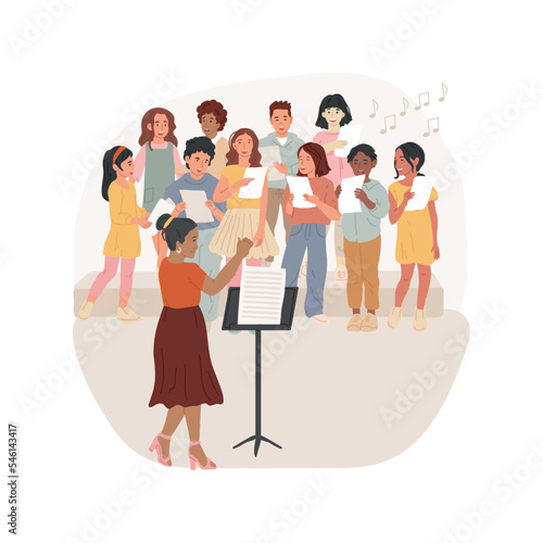 Chorus rehearsal isolated cartoon vector illustration. Music rehearsal, middle school choir performance, teach vocal technique, children singing on stage, orchestra class vector cartoon.