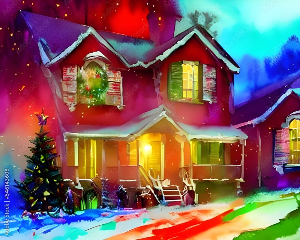 It's a cold winter night and the snow is falling gently outside. The house is lit up with Christmas lights, and there are decorations in every window. A wreath hangs on the door, and garlands are wrap