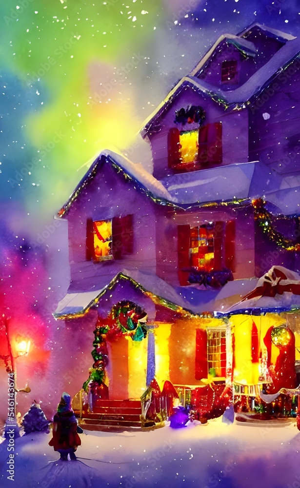 The outdoor lights are a string of white bulbs. They're wrapped around the front porch railing and along the gutters. There's a wreath on the door, and two red bows placed asymmetrically on either sid The outdoor lights are a string of white bulbs. They're wrapped around the front porch railing and along the gutters. There's a wreath on the door, and two red bows placed asymmetrically on either sid