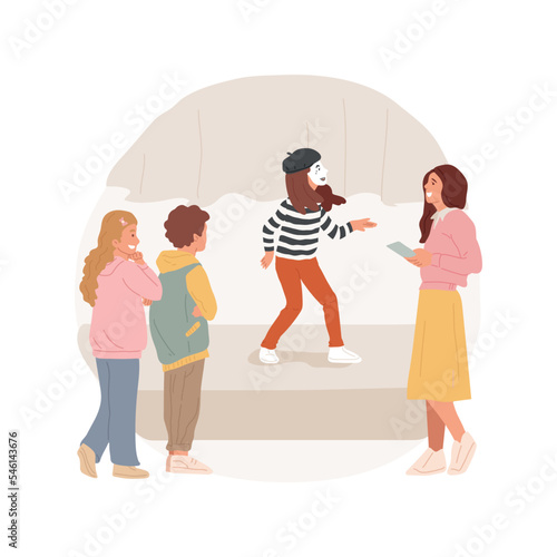 Pantomime techniques isolated cartoon vector illustration. Art education, teaching pantomime to kids, theatre class in middle school, student with mime painted face, clowning vector cartoon.
