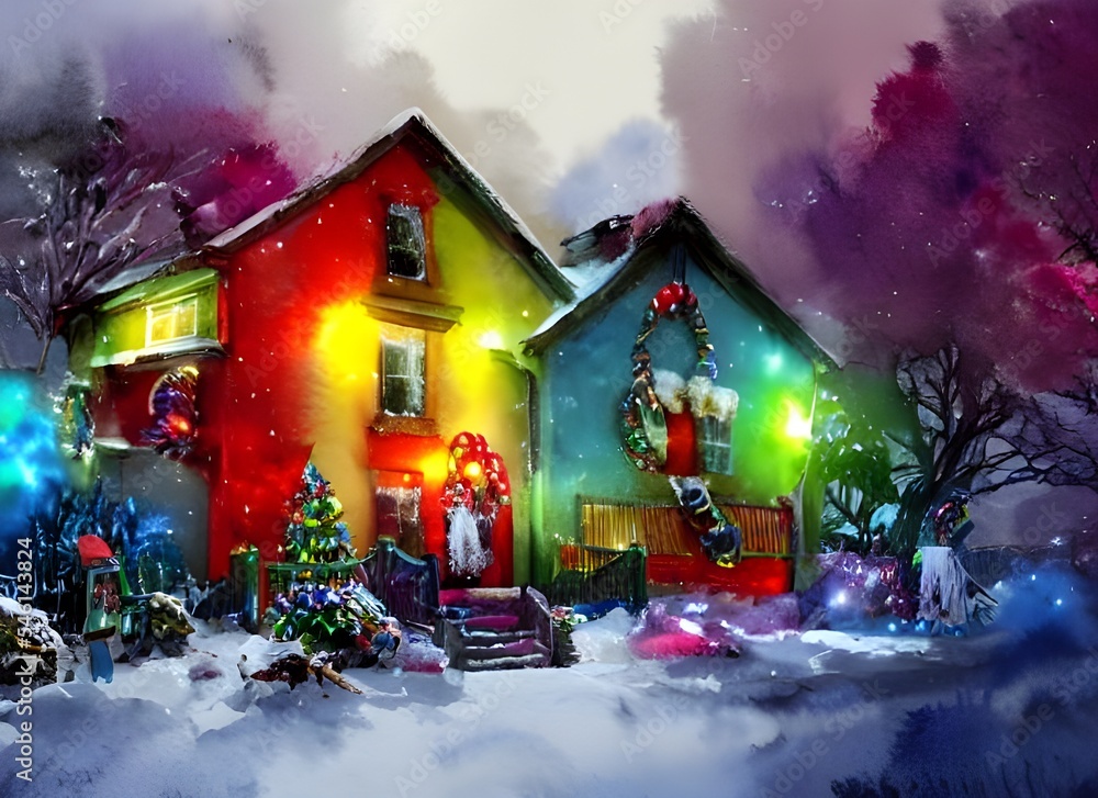 Lights are strung around the eaves of the house and a wreath hangs on the door. A snowman stands in the yard, surrounded by a scattering of artificial snow.