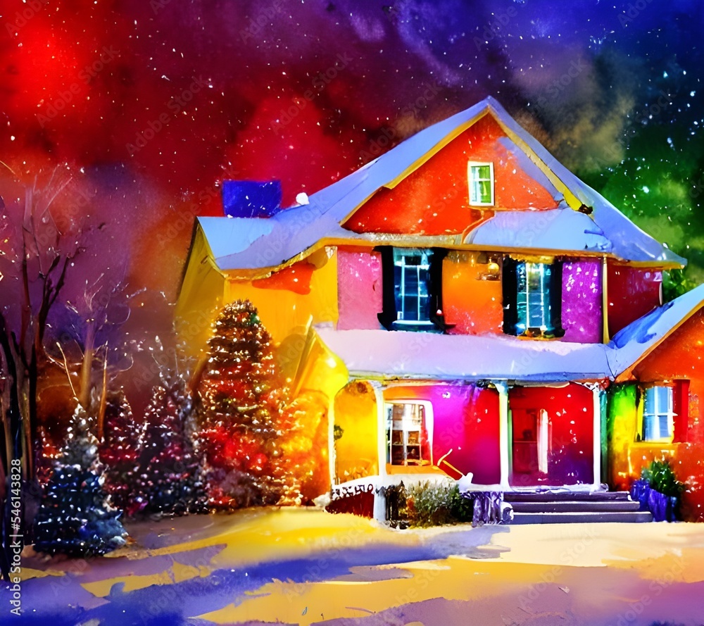The house is decorated for Christmas with a wreath on the door, garland around the windows, and lights in the bushes.