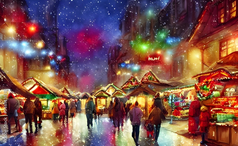 The Christmas market is bustling with people and the air is thick with the scent of cinnamon. The lights from the stalls reflect off the snow, creating a scene that looks like something out of a fairy The Christmas market is bustling with people and the air is thick with the scent of cinnamon. The lights from the stalls reflect off the snow, creating a scene that looks like something out of a fairy