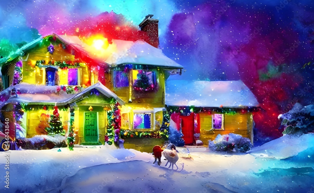 The house is adorned with lights and garland. A wreath hangs on the door, and a large Christmas tree can be seen through the window. The house is adorned with lights and garland. A wreath hangs on the door, and a large Christmas tree can be seen through the window.