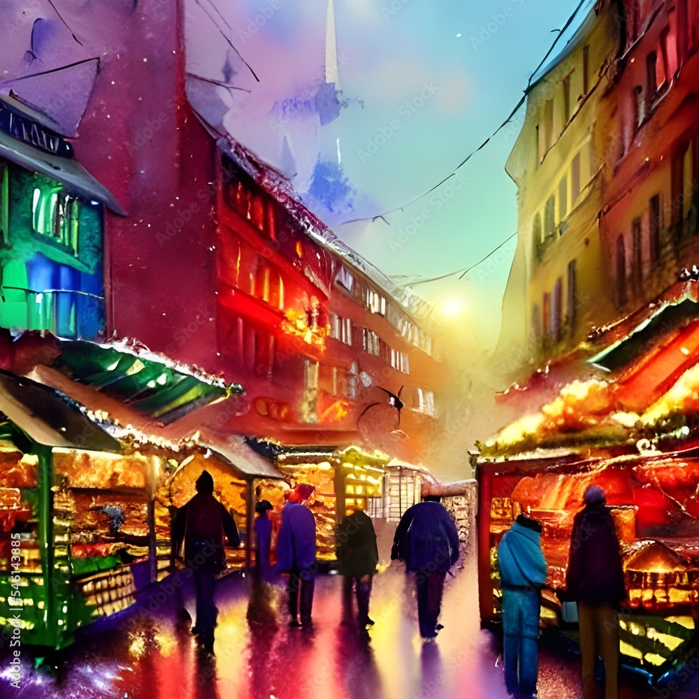 It's a beautiful Christmas evening, and the market is bustling with people. The air is full of the scents of pine trees and gingerbread, and the stalls are piled high with every kind of holiday decora