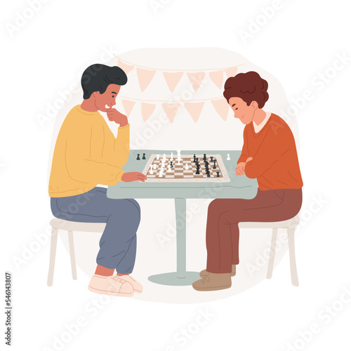 Chess club isolated cartoon vector illustration. Children sit at table play chess, thinking on strategy, intellectual student club, middle school elective activity, competition vector cartoon.