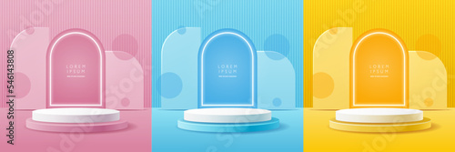 Set of white realistic 3d cylinder pedestal podium with pastel yellow, blue and pink on a neon background. podium for mockup products, promotion display. Vector illustration