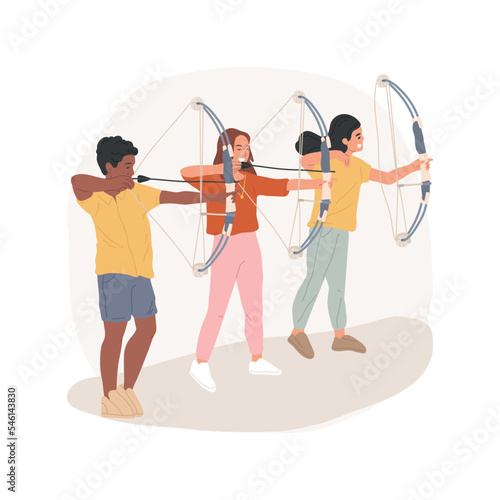 Archery club isolated cartoon vector illustration. Teen aiming with a bow, archery middle school team, physical activity, learning to shoot, student club, training concentration vector cartoon.