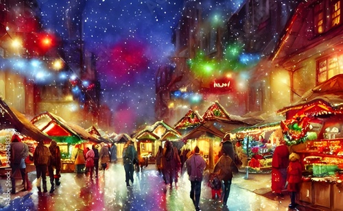 The Christmas market is bustling with people and the air is thick with the scent of cinnamon. The lights from the stalls reflect off the snow, creating a scene that looks like something out of a fairy