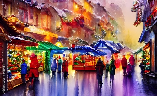 The Christmas market is in full swing with people milling about, enjoying the festive atmosphere. The stalls are piled high with all kinds of goodies, and the air is filled with the scent of mulled wi © dreamyart