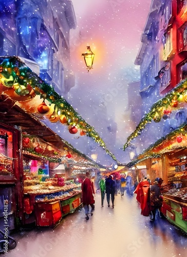 The Christmas market is bustling with activity. People are walking around, looking at all the different stalls and buying presents. The air is full of the smell of cinnamon and cloves from the mulled  © dreamyart