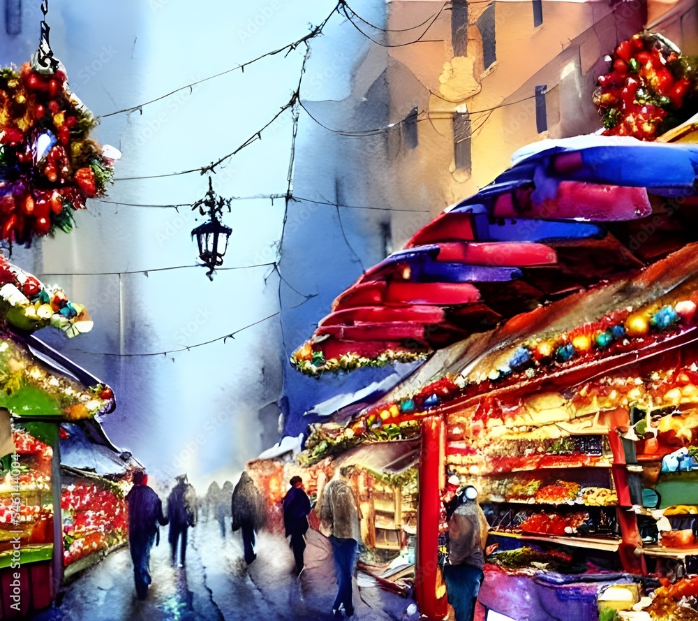 It's evening, and the Christmas market is in full swing. The air is thick with the scent of mulled wine and gingerbread, and the sound of laughter and carols floats through the crisp night air. The st