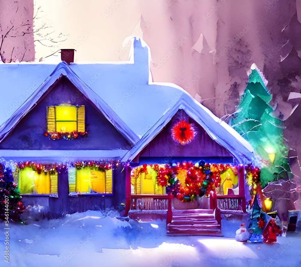The house is adorned with Christmas lights and decorations. A wreath ...
