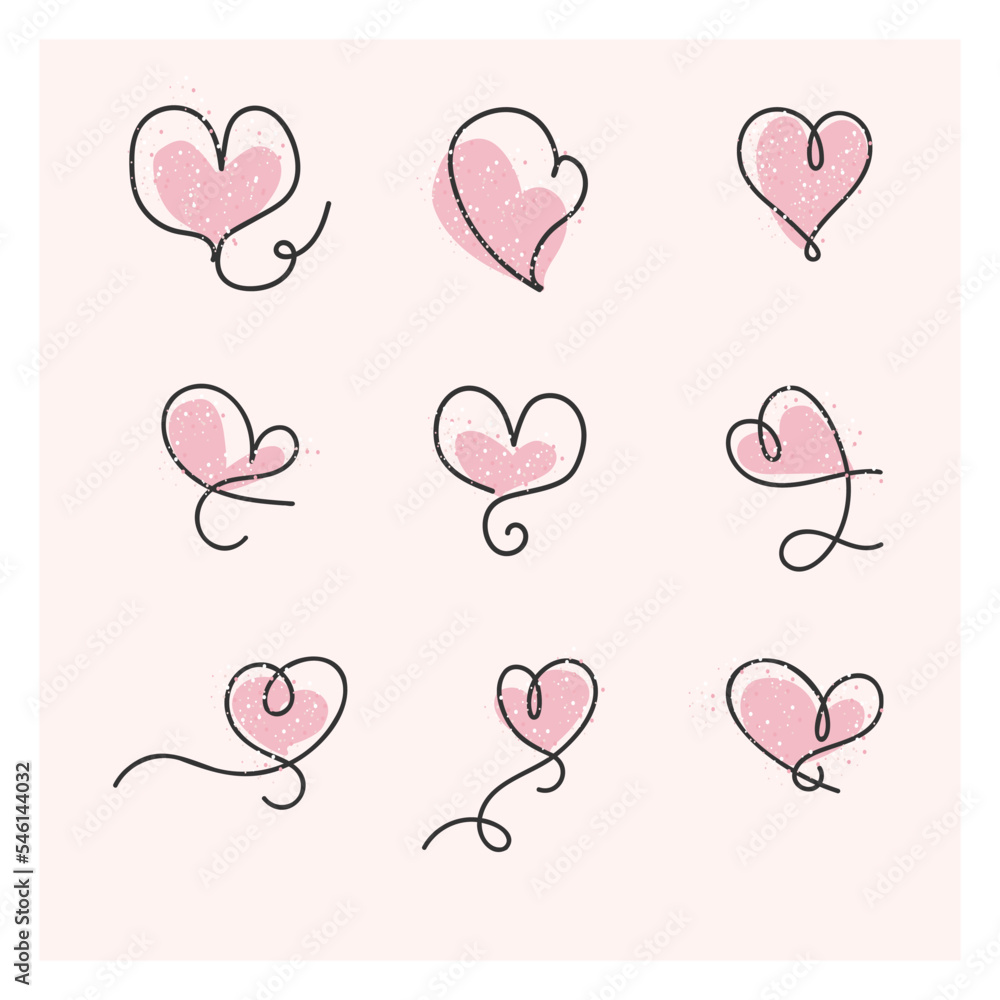Set of hearts line drawing in cute style. Heart vector. Vector illustration.